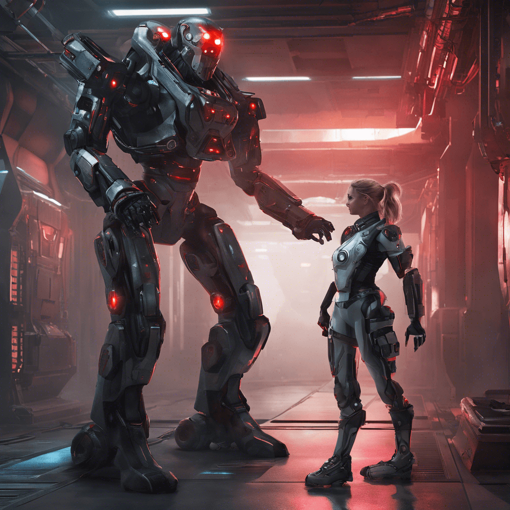 The Cybernetic Enforcer towers over Lexi, its metallic exoskeleton gleaming in the artificial lights of Sector Z. With glowing red eyes and hydraulic joints, it emits a low mechanical hum as it prepares to strike. Its integrated weapons systems make it a formidable foe, designed to eliminate any intruders in this high-tech underground facility.