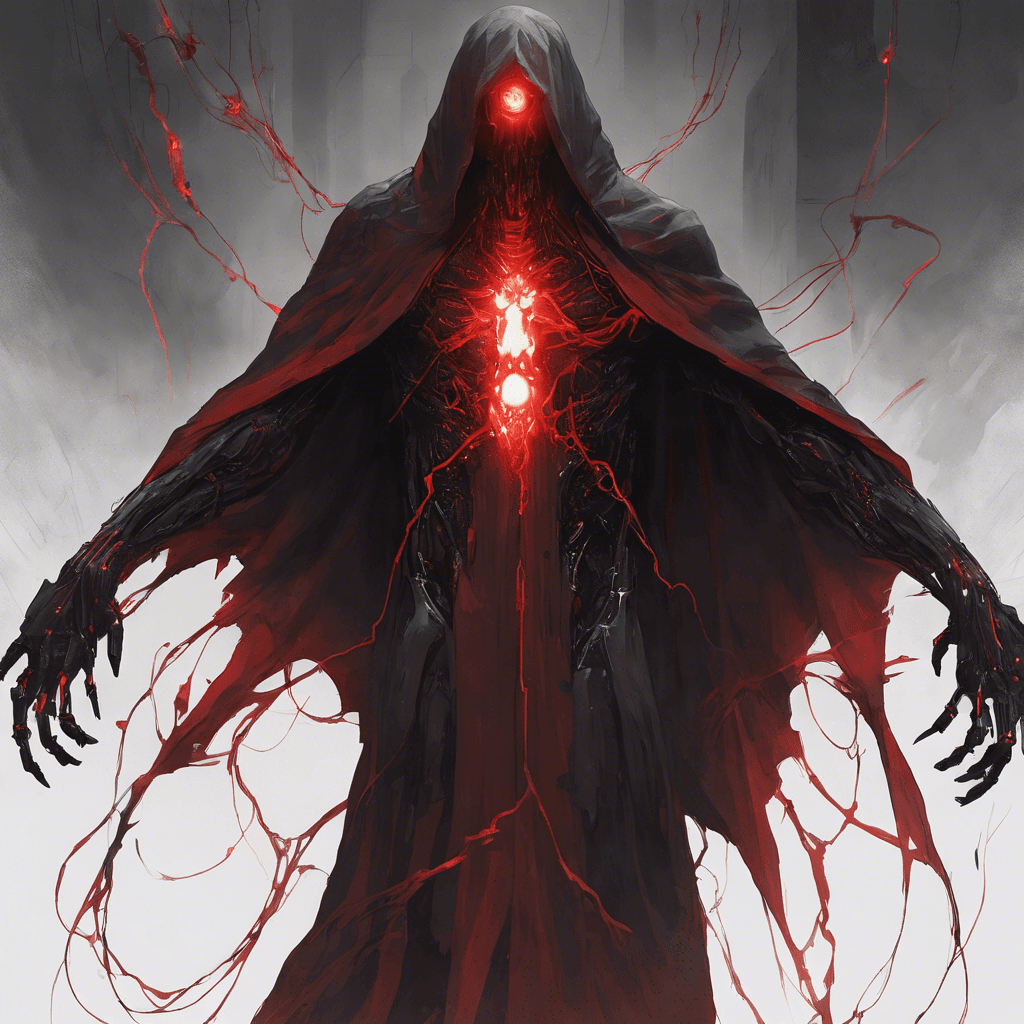 A shrouded figure, engulfed in darkness, with pulsing cybernetic implants running along their arms and neck. Eyes glowing with a menacing red hue, they wear a long, tattered cloak that obscures their sleek, black exoskeleton.