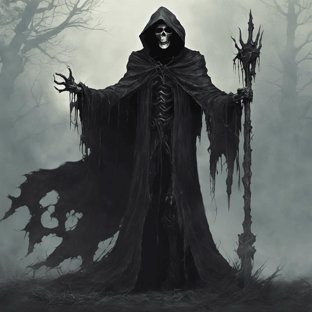 Azarim the Wicked is a towering figure cloaked in a tattered, dark mantle, with two glinting eyes shining from within the shadow of a hood. Skeletal hands grasp a twisted staff topped with a skull that radiates a malevolent energy. Tendrils of dark mist seep from the ground around him, and his presence chills the air.