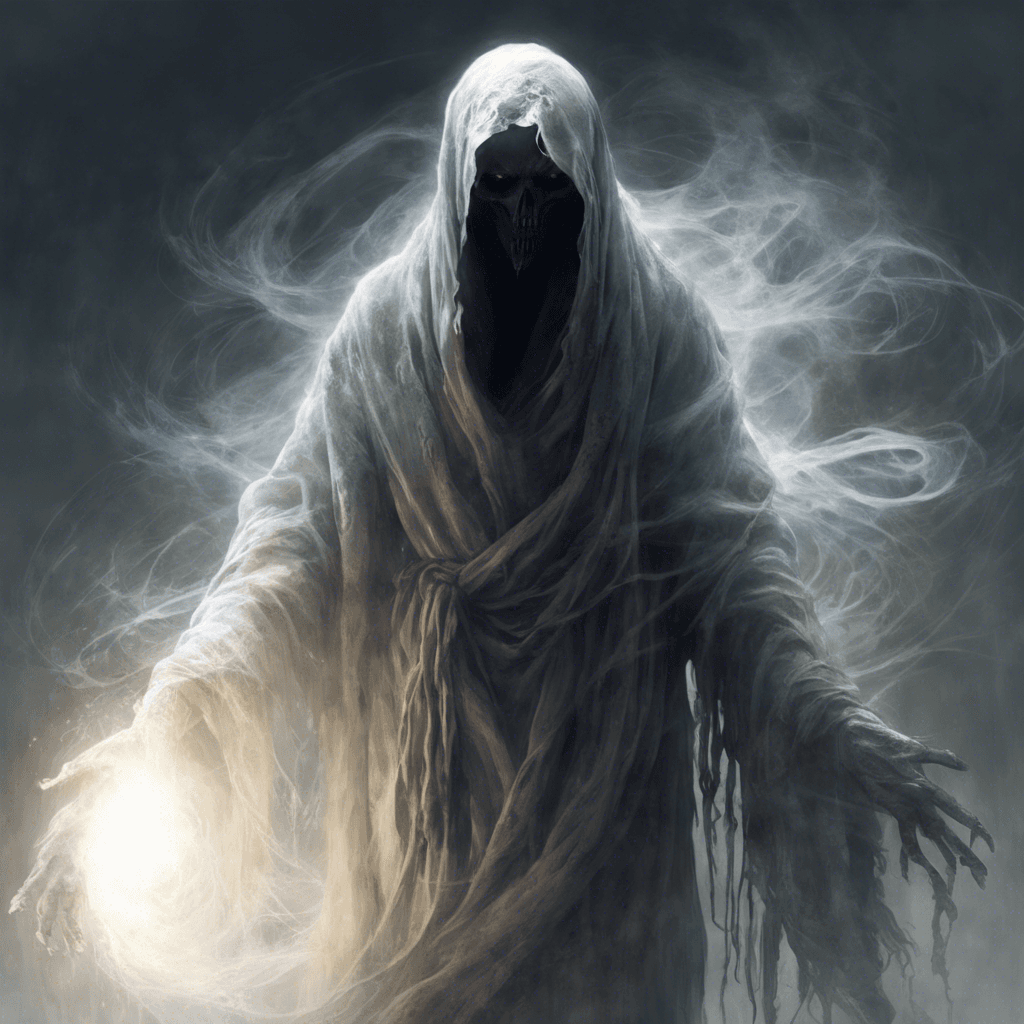 A ghostly figure shrouded in tattered robes, its eyes glowing with an otherworldly light. Wisps of shadow and mist spiral around its form, exuding an aura of cold dread that chills the very air around it.