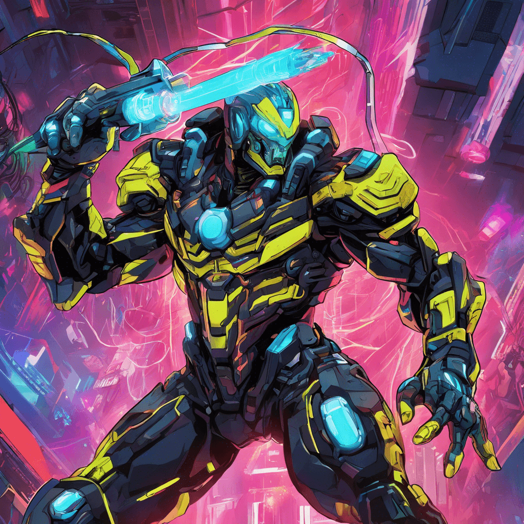 Vektor Blitz is a towering humanoid clad in reflective chromatic combat gear. His left arm has been replaced with a swirling mass of cords and data streams, pulsing with neon light, suggesting advanced hacking capabilities. His right eye emits a scanning laser, sweeping his surroundings.