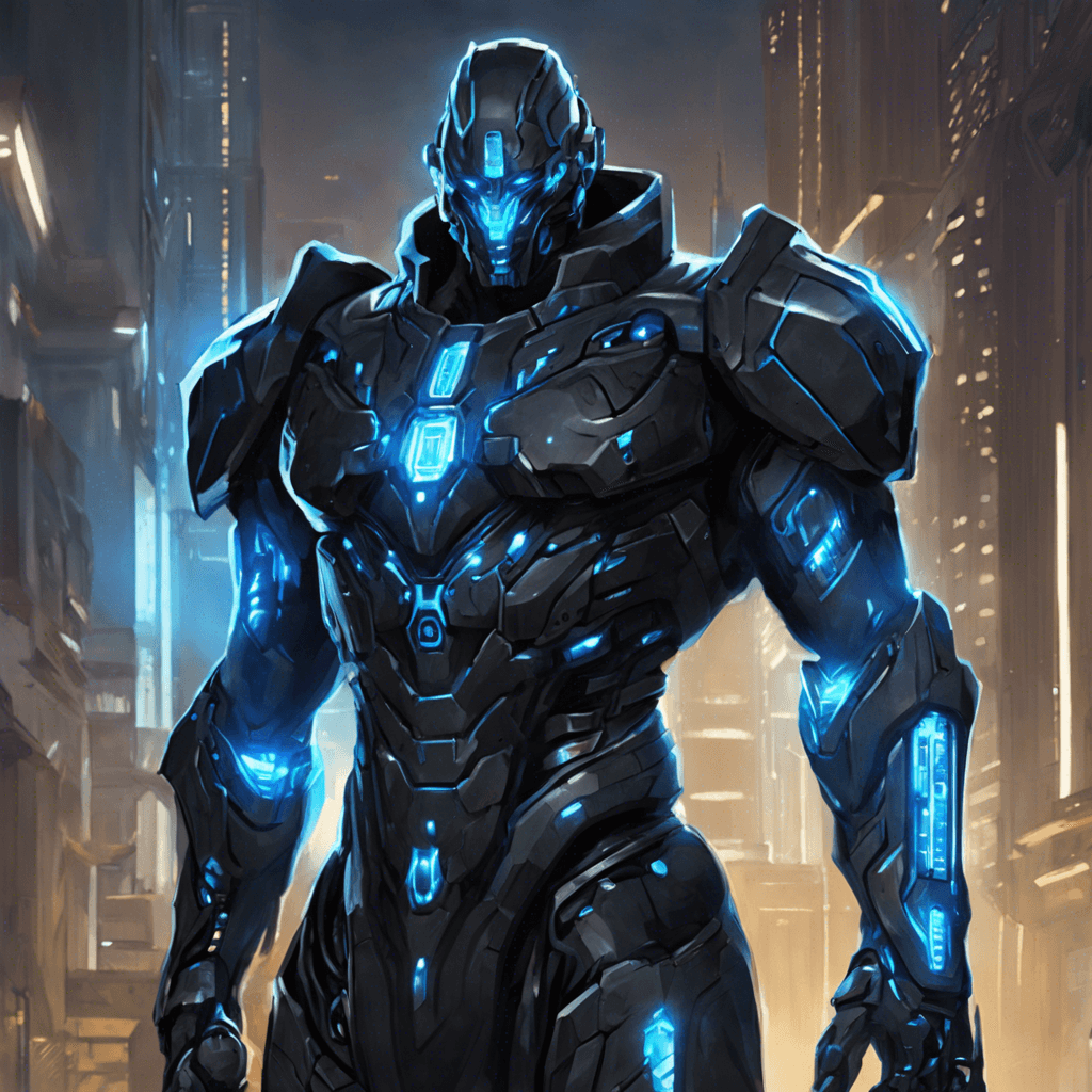 The Cybernetic Enforcer is a towering humanoid figure clad in sleek black armor, adorned with glowing blue cybernetic enhancements. Its intimidating presence exudes strength and precision, with glowing eyes scanning the surroundings for any signs of intrusion.