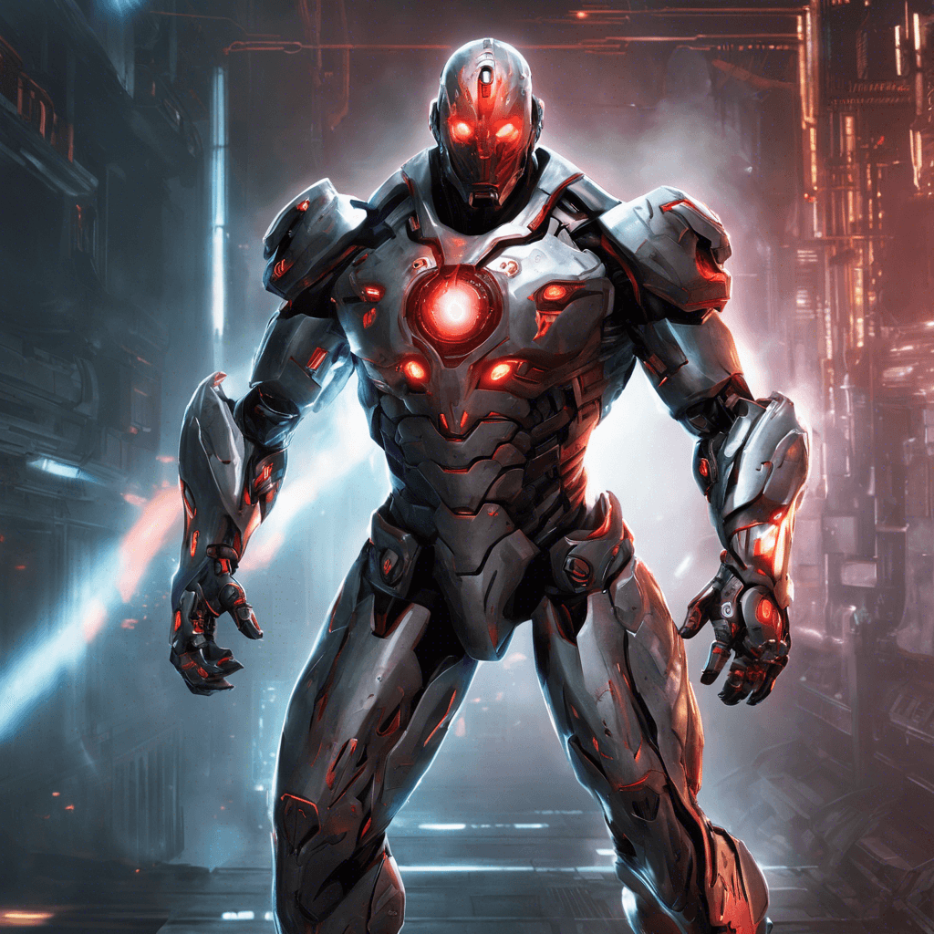 The Nexus Cyborg Enforcer is a towering figure clad in sleek cybernetic armor, adorned with glowing circuit patterns. Its eyes emit a menacing red glow, signifying its enhanced combat capabilities. Multiple augmentations and enhancements make it a formidable foe in any battle.