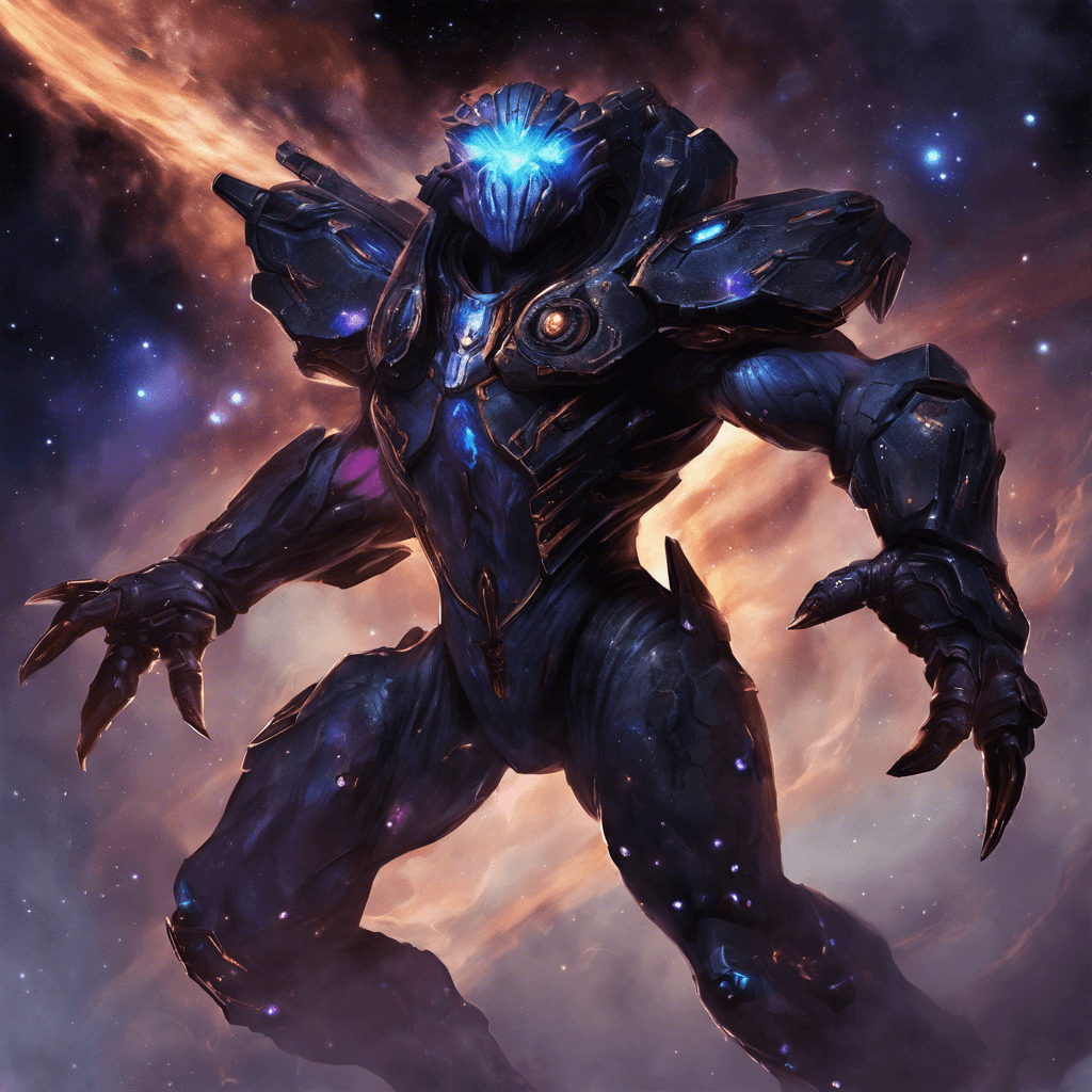 The Nebula Enforcer is a towering figure clad in dark, swirling nebula energy. Its eyes emit a piercing glow, scanning its surroundings with precision. Sharp tendrils extend from its body, crackling with energy ready to strike. The Enforcer moves with unnatural speed, a formidable opponent in any space combat.