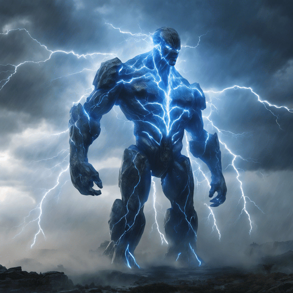 A colossal humanoid forged from dark storm clouds, with lightning crackling through its vaguely outlined form. Its eyes blaze with electric blue light, and its voice booms like thunder. The edges of its shape continuously dissolve into mist only to reform, giving it an ephemeral, ever-shifting appearance.