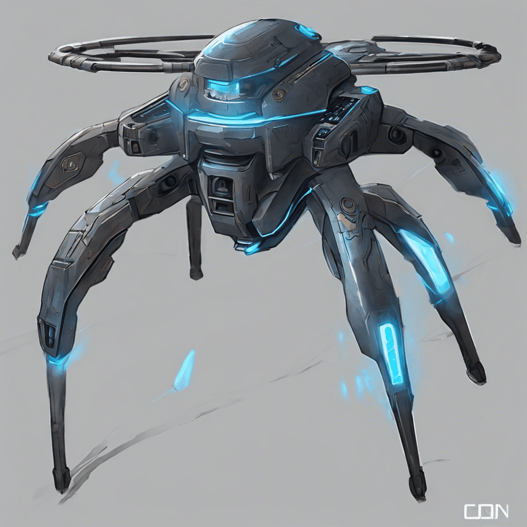 A hovering metallic drone equipped with ion cannons, sensor arrays, and a sleek, battle-worn exterior displaying the sigil of an unknown origin. Its thrusters emit a cold blue light, and the hum of its energy core resonates ominously as it prepares to attack.