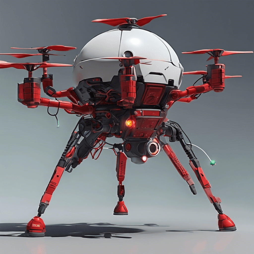 A hovering surveillance drone, cobbled together from various mismatched technological parts. It has a domed body with several optical sensors blinking red, emitting a faint buzzing as it floats with menacing intent. Multiple limbs with different hacking and weaponry tools are attached to its body.