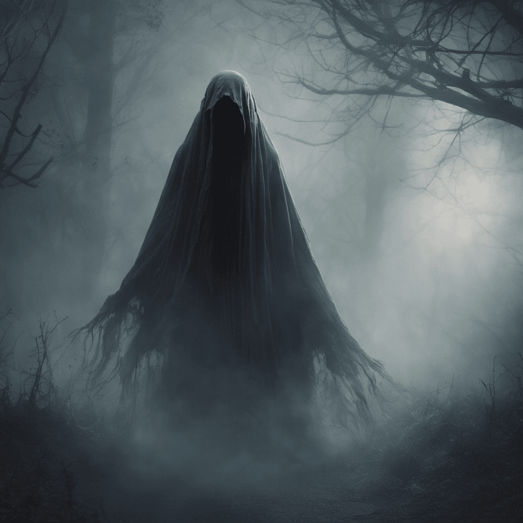 A ghastly apparition, barely visible, like a shimmering veil of mist with two piercing, malevolent eyes that glow with an unearthly light. Its form is ethereal, shrouded in tattered robes that seem to flutter in a non-existent wind.