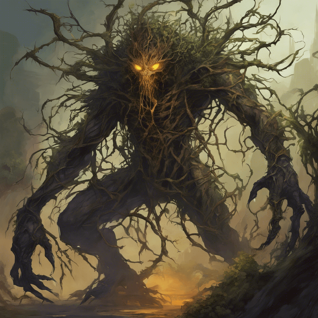 A towering figure draped in thorny vines, its shambling form exudes a dark, earthen energy. Sharp briars twist around its limbs, and its glowing amber eyes betray a malicious intelligence.