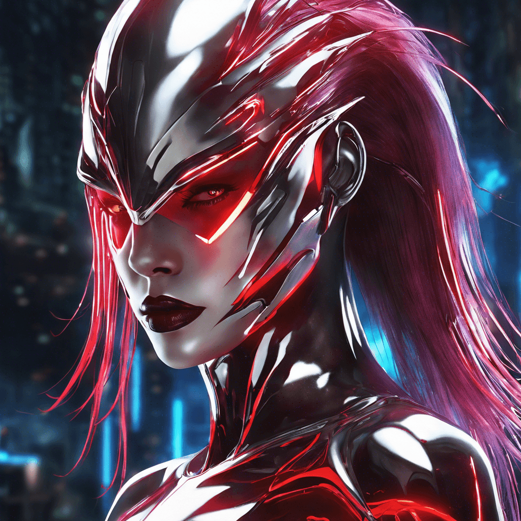 A sleek figure with a chrome visage and neon streaks running through her synthetic hair. She moves with a predatory grace, her eyes glowing with an intimidating red hue. On her back, a pair of monomolecular blades shimmer with a deadly light, ready to strike at a moment's notice.