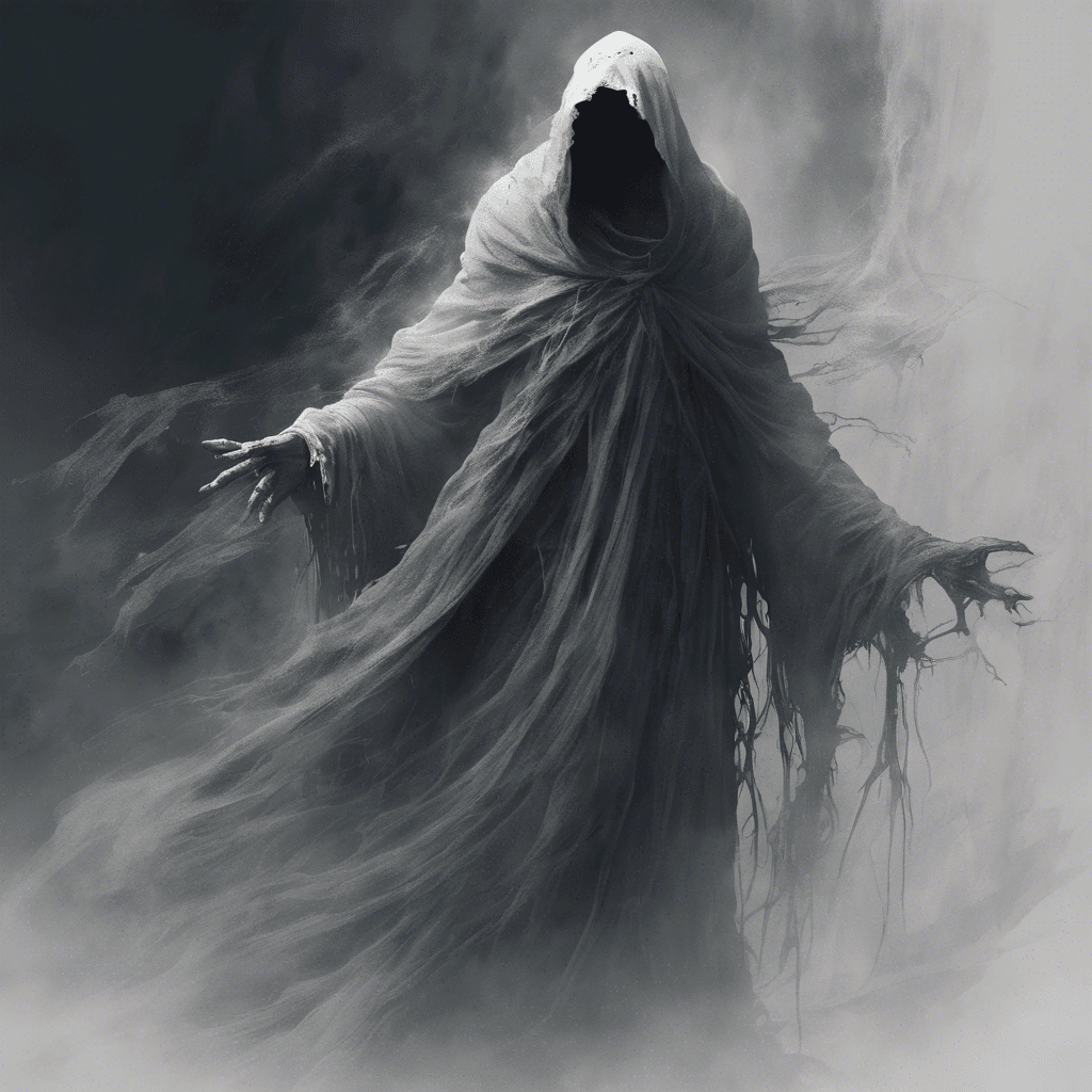 A ghastly figure clad in tattered robes, its face obscured by shadows. Ethereal wisps of mist surround its form, and a chilling wind follows in its wake.