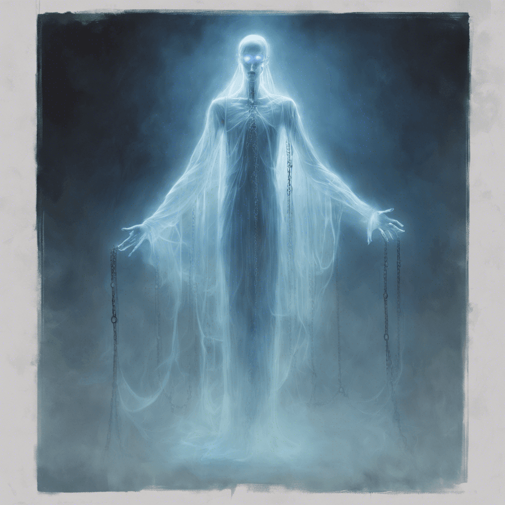 A ghostly, translucent figure floating above the ground. Its body is ethereal, with chains that rattle and clink, eyes glowing with a faint blue light. It emanates an aura of cold, and its presence causes the air to shimmer with arcane energy.