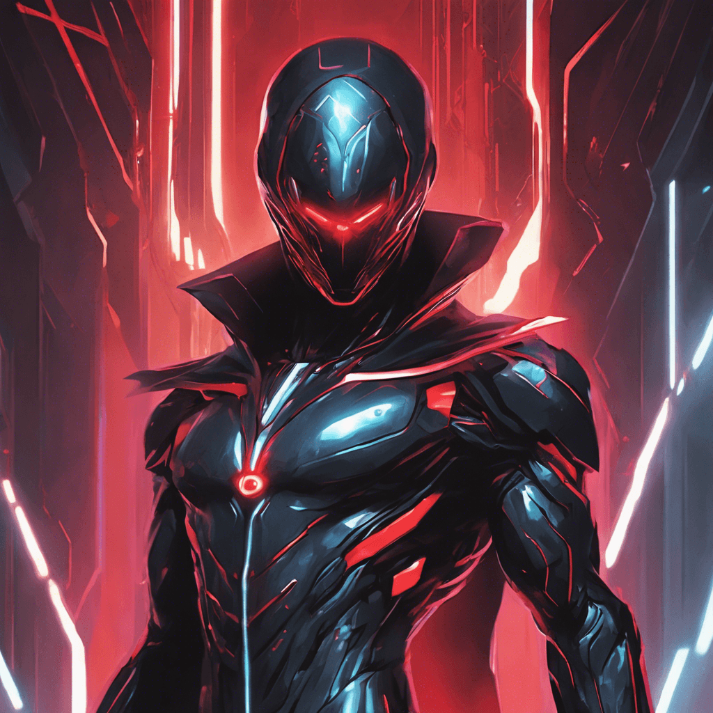 A sleek figure draped in a holographic cloak, with eyes glowing a malevolent red through the visor of a high-collared cybernetic stealth suit. Terminal lines running across its body pulse with dark energy.