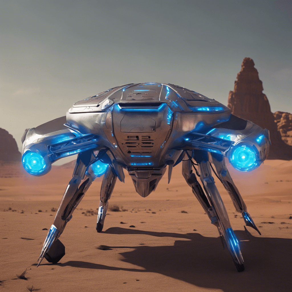 The Nebula Drone is a sleek, silver spacecraft-shaped robot adorned with glowing blue lights and intricate circuit patterns. It hovers effortlessly in the air, emitting a low hum as it scans its surroundings with a glowing red sensor. Its metallic frame is armed with advanced energy weapons and defensive shields, ready to engage any intruders in its path.