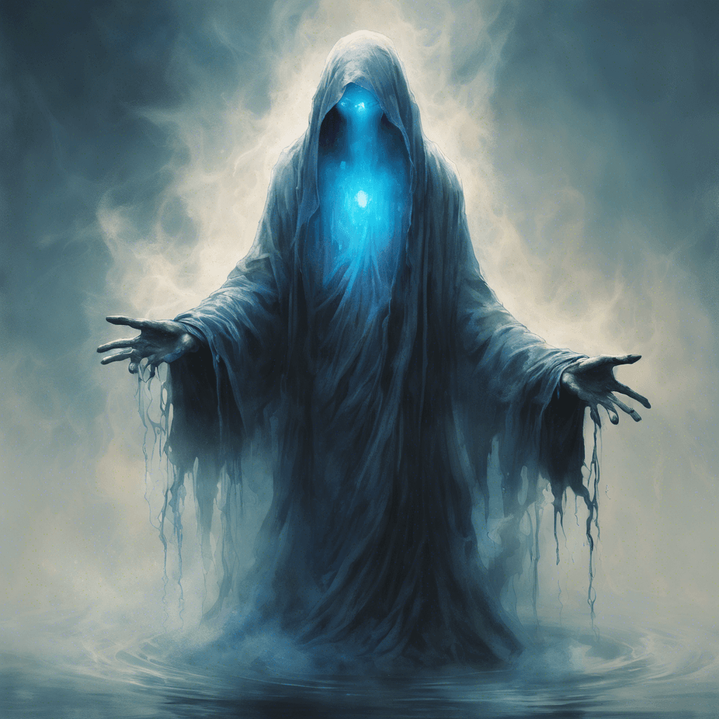 A spectral figure emerges from the well, shrouded in watery vapors and dark tattered robes that flutter as if caught in an unfelt breeze. Its eyes glow with a haunting blue light, and its hands extend forward, leaking a ghastly miasma.