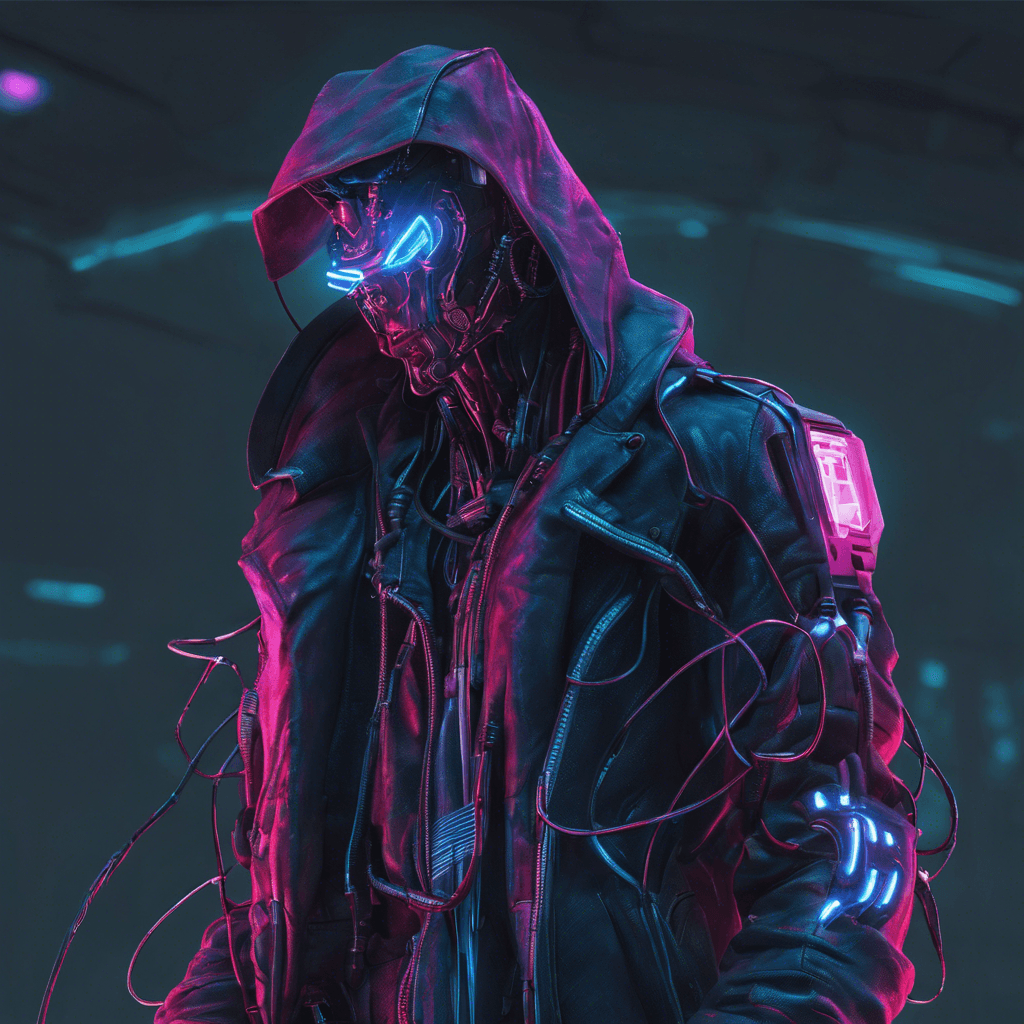 The Tech-Infiltrator is a humanoid figure cloaked in shadows, its cybernetic implants glowing ominously beneath its hood. Wires snake out from its fingers, ready to hack into any technology in its way. Its eyes shine with a malevolent intelligence, scanning its surroundings for potential threats.