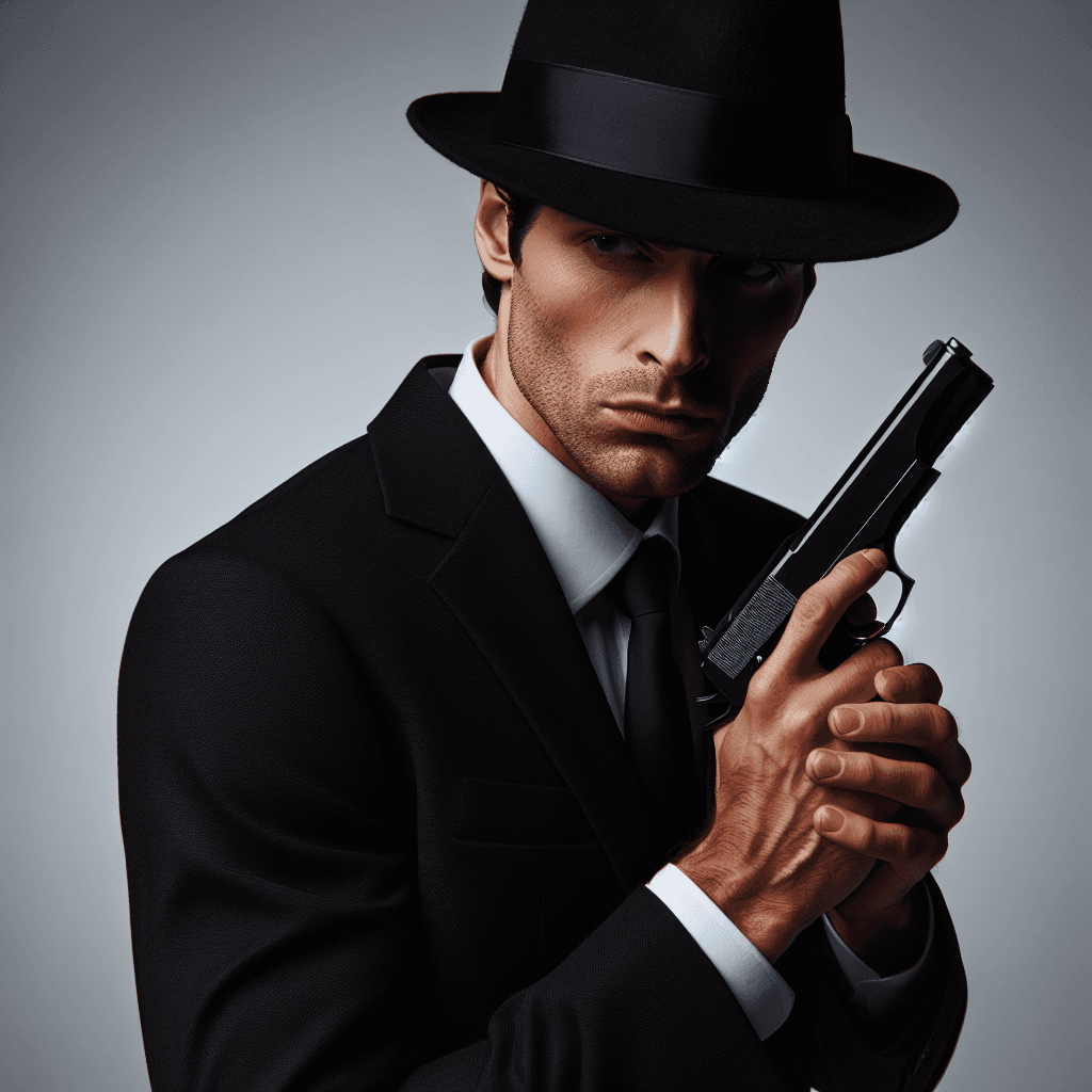 Medium looking guy, with a black suit and a black hat. He looks like a secret agent. He has a gun in his hand. But he doesn't look like he's going to shoot you. He looks like he's going to shoot you.