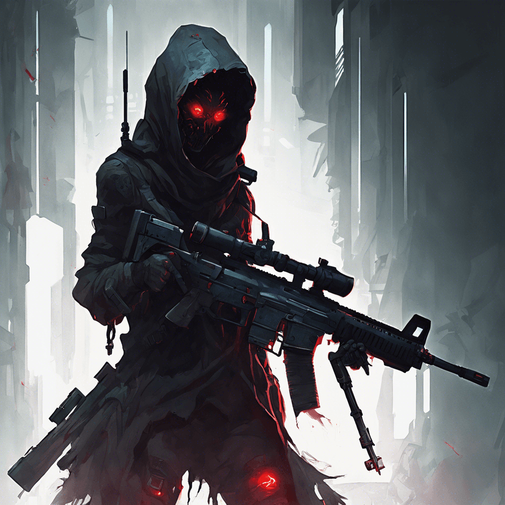 A dark, ethereal figure with long, ragged clothing that seems to meld into the shadows. Glowing red eyes pierce through the darkness, and a high-tech sniper rifle is cradled in its shadowy arms.