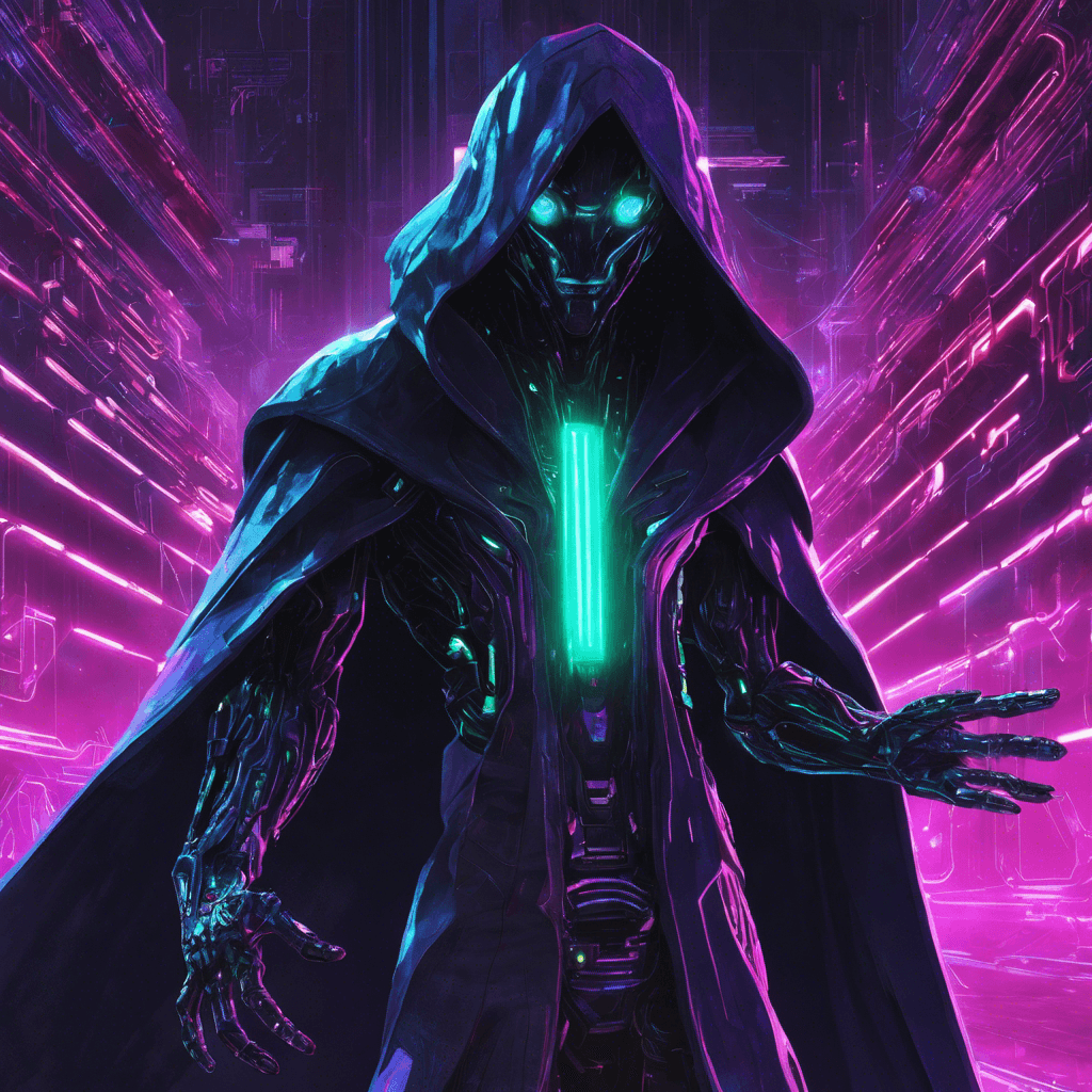 A shadowy figure clad in a holographic cloak, with glowing cybernetic eyes and cybernetic hands that flicker with digital code. This enemy blends into the neon backdrop of Neo-Eden.