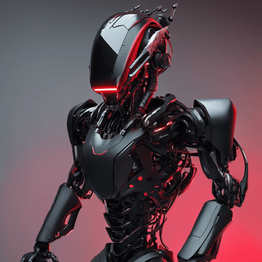 A sleek, humanoid robot with a matte black exoskeleton, illuminated by ominous red sensor arrays for eyes and equipped with sharp metallic claws