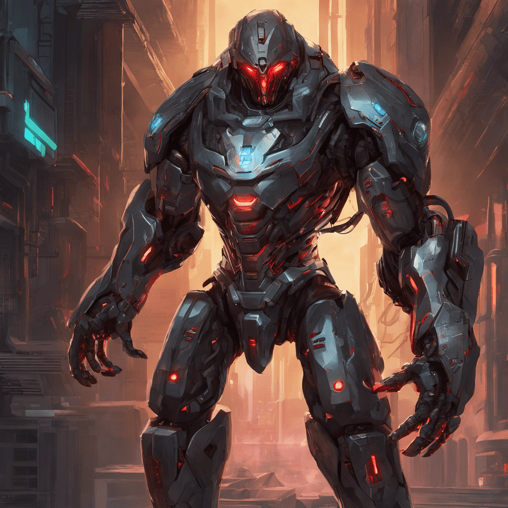 The Cybernetic Enforcer is a heavily augmented humanoid figure, towering over you with glowing red cybernetic eyes and metal implants covering its body. It emits a low mechanical hum as it moves, showcasing its enhanced physical capabilities and combat prowess.