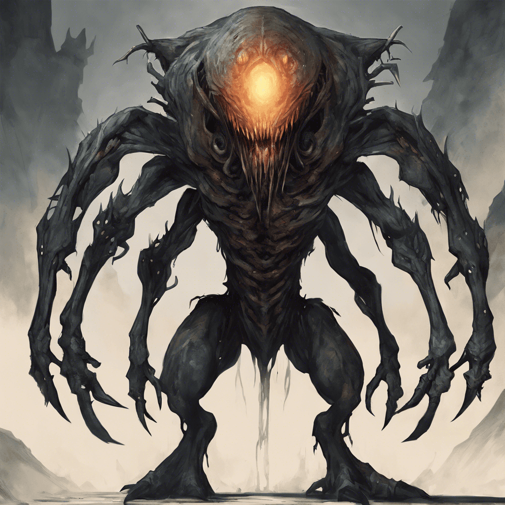 A massive alien creature with multiple glowing eyes, sharp claws, and a thick exoskeleton that seems impervious to most attacks. Its presence alone radiates a sense of fear and unease, as if it holds immense power within its otherworldly form.