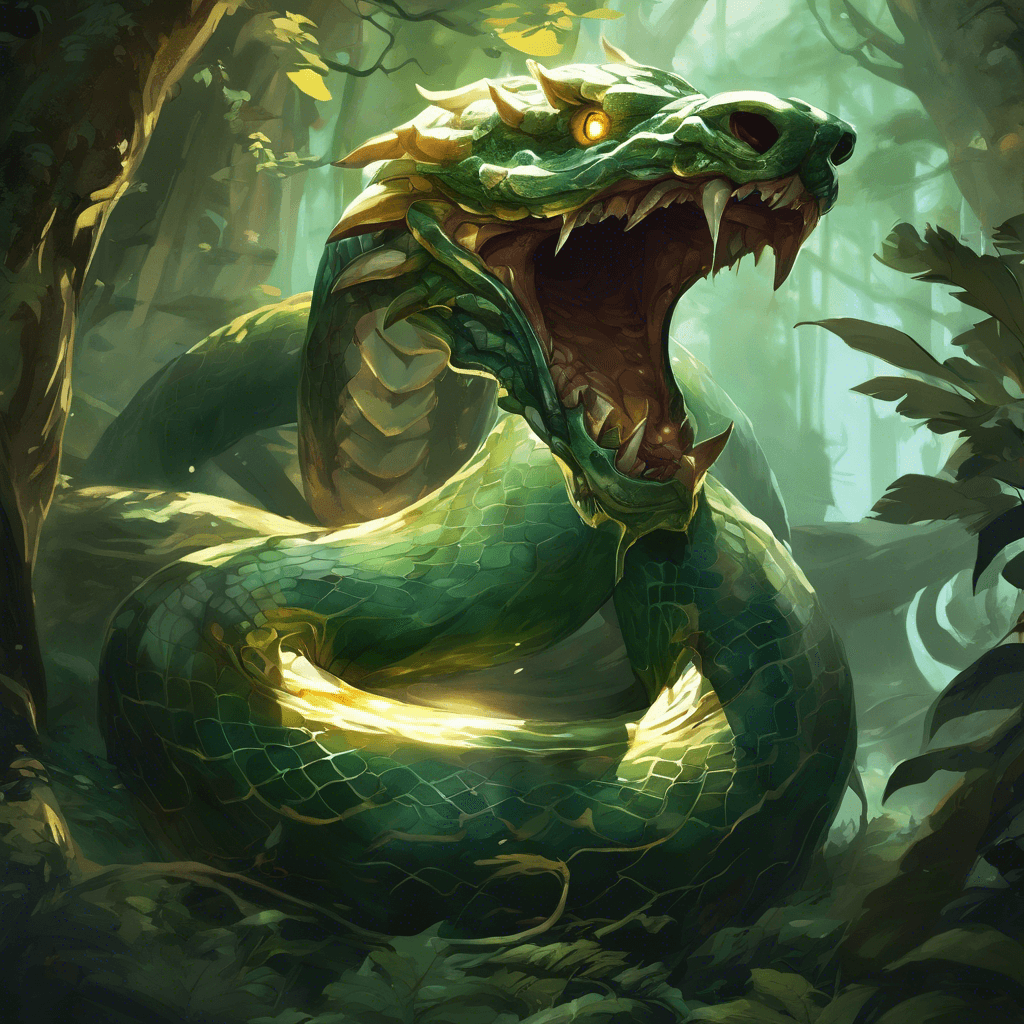 A colossal serpent with jade-scaled skin, glimmering in the sunlight filtering through the forest canopy. It has piercing amber eyes that seem to glow with an inner light and a mouth filled with dagger-like fangs dripping with venom.