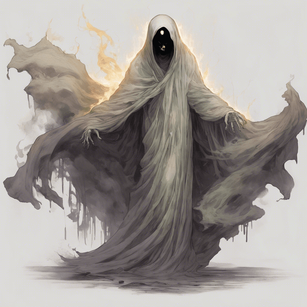 A floating spectral figure, draped in tattered robes that flutter ominously in the unnatural wind that surrounds it. Its hollow eye sockets burn with a ghostly light, and its movements are eerily silent and fluid, like smoke.