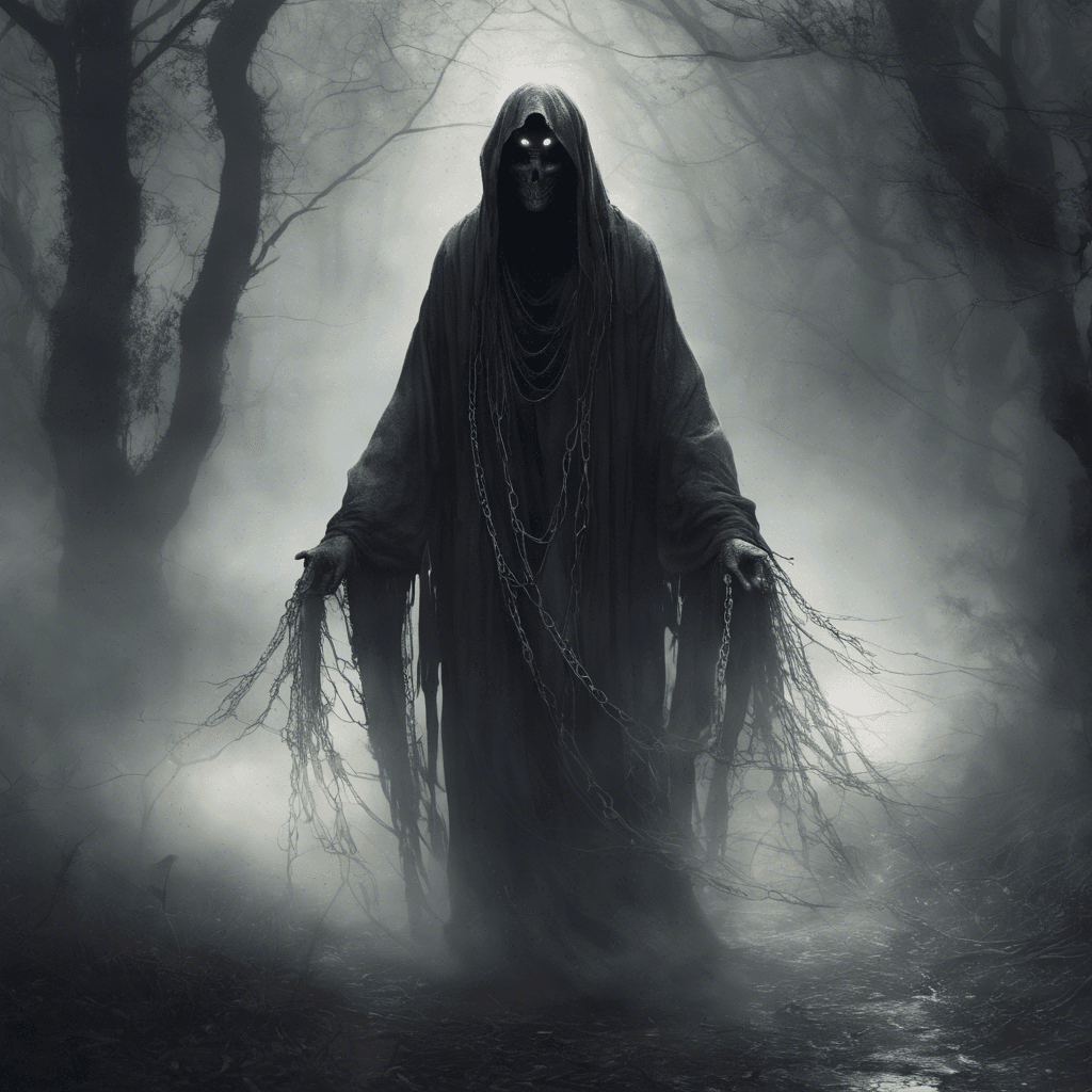 A ghostly figure shrouded in tattered robes, its face hidden in shadow. Glowing eyes pierce through the darkness, and ethereal chains rattle as it moves, each step leaving a trail of chilling mist.