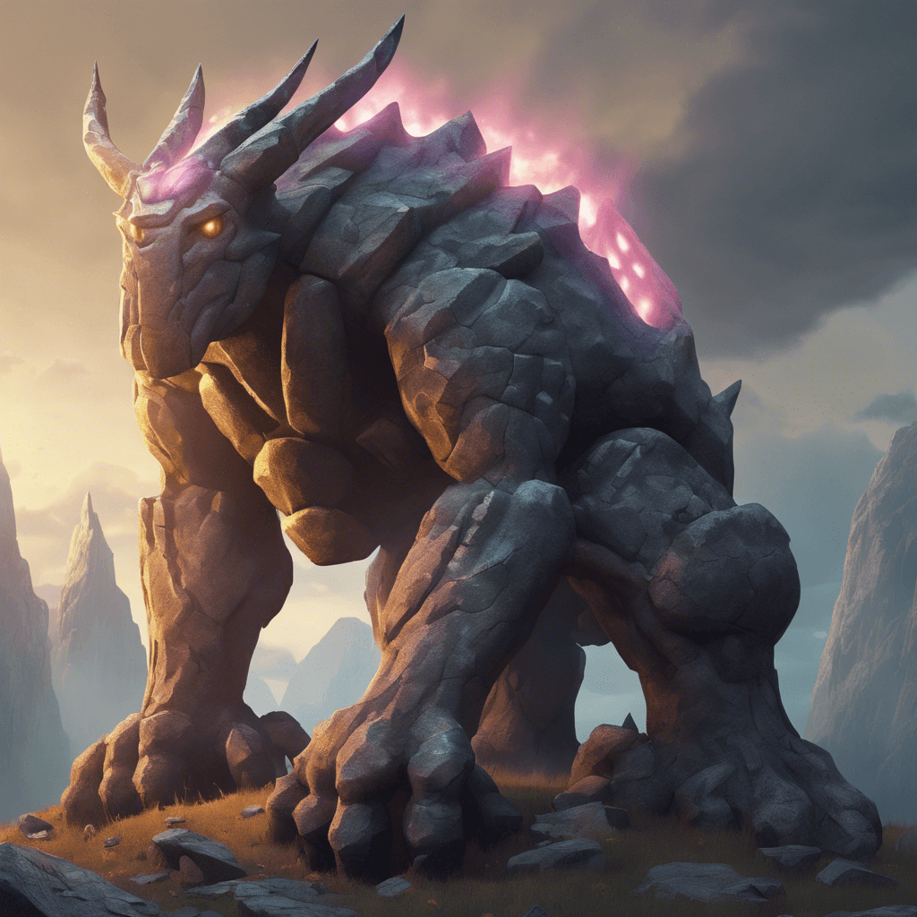 A towering creature made of enchanted stone and ancient runes, with glowing eyes and massive arms that could crush stone.