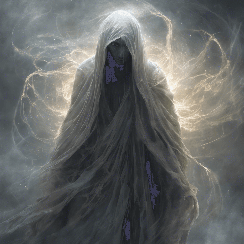 A translucent figure in tattered robes, its eyes emitting a faint, ethereal glow. Wisps of dark energy dance around its form, and a sense of despair fills the air.