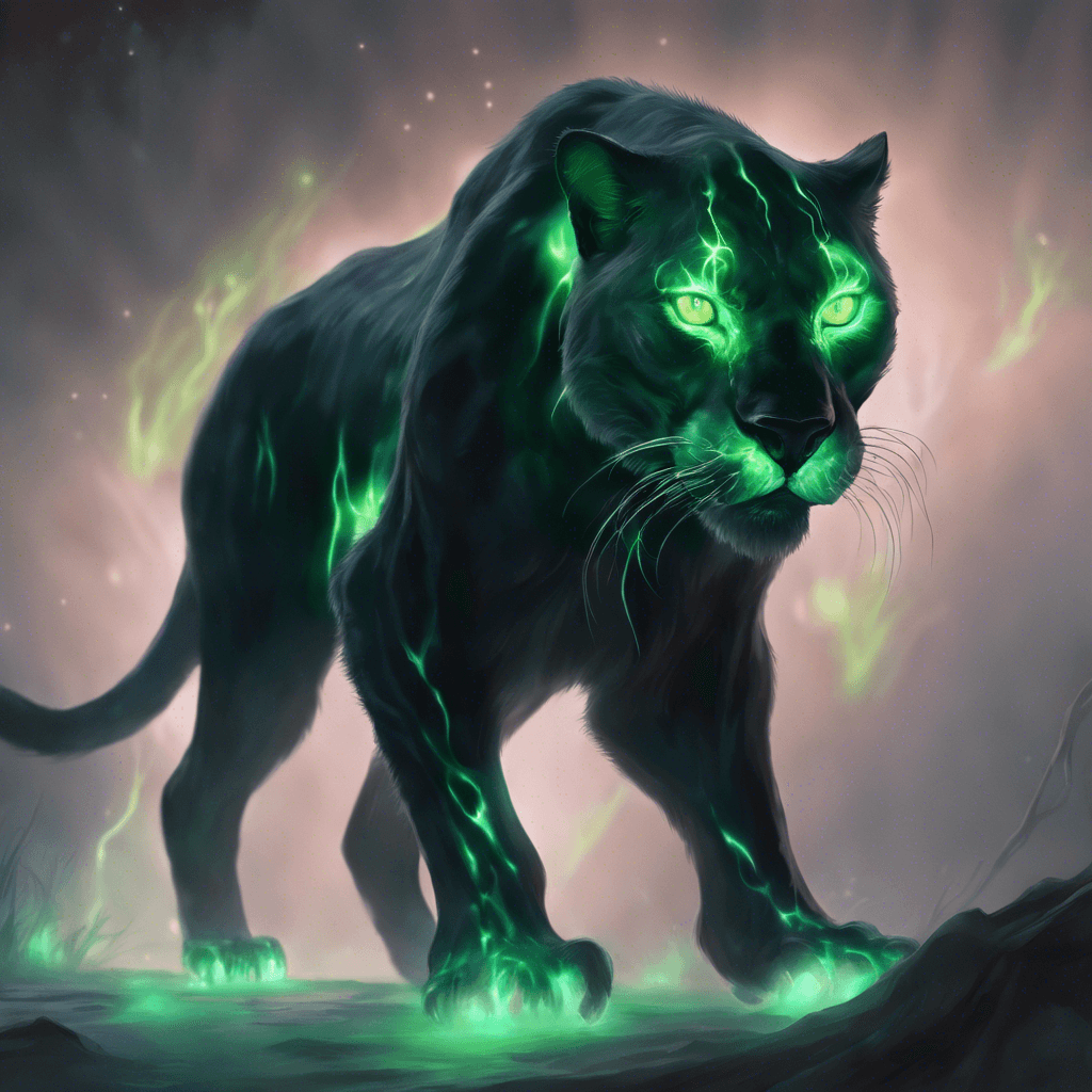 A large panther-like creature with ebony fur that seems to absorb light. Its eyes glow with an ethereal green hue, and ethereal wisps emanate from its body, giving it a ghostly appearance.