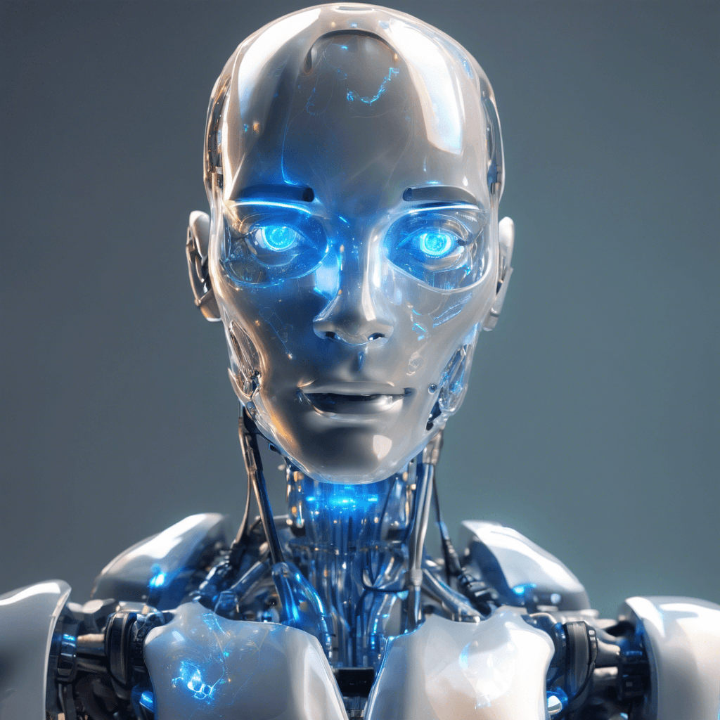 A translucent humanoid robot with flickering holographic skin, visible cabling underneath, and glowing blue eyes that pulse in rhythm with its undetectable footsteps.