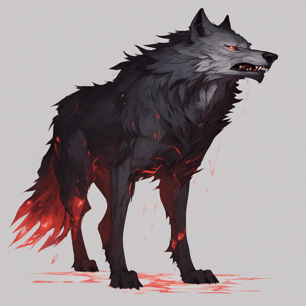 A towering wolf-beast cloaked in shadow, with eyes glowing like crimson embers, and fur blacker than the darkest night. It moves with silent grace, baring its razor-sharp fangs menacingly.