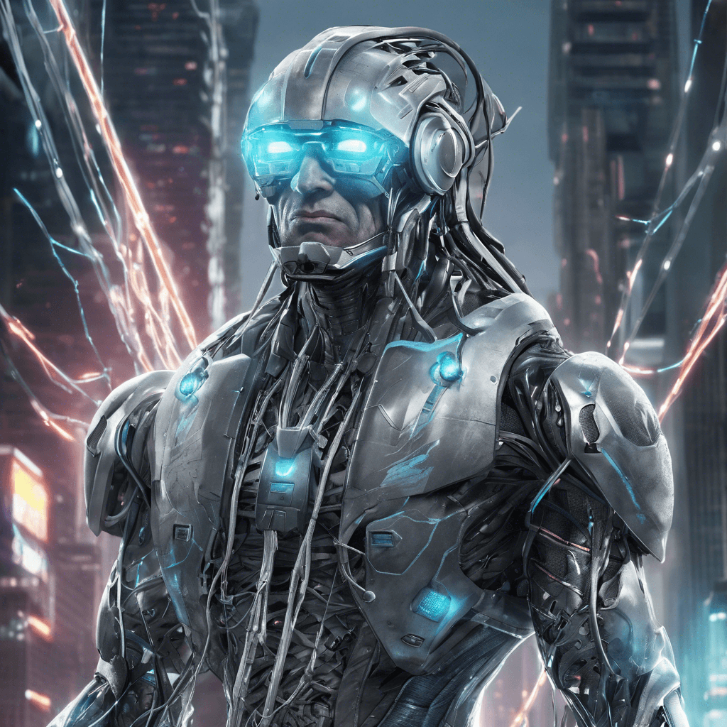 Jax Netweaver appears as a towering cyborg with a steel-gray exoskeleton, interspersed with pulsating data cables. His eyes are a pair of luminescent visors, scanning for any digital disturbance. He wields a monomolecular data whip and bristles with hacking rigs.