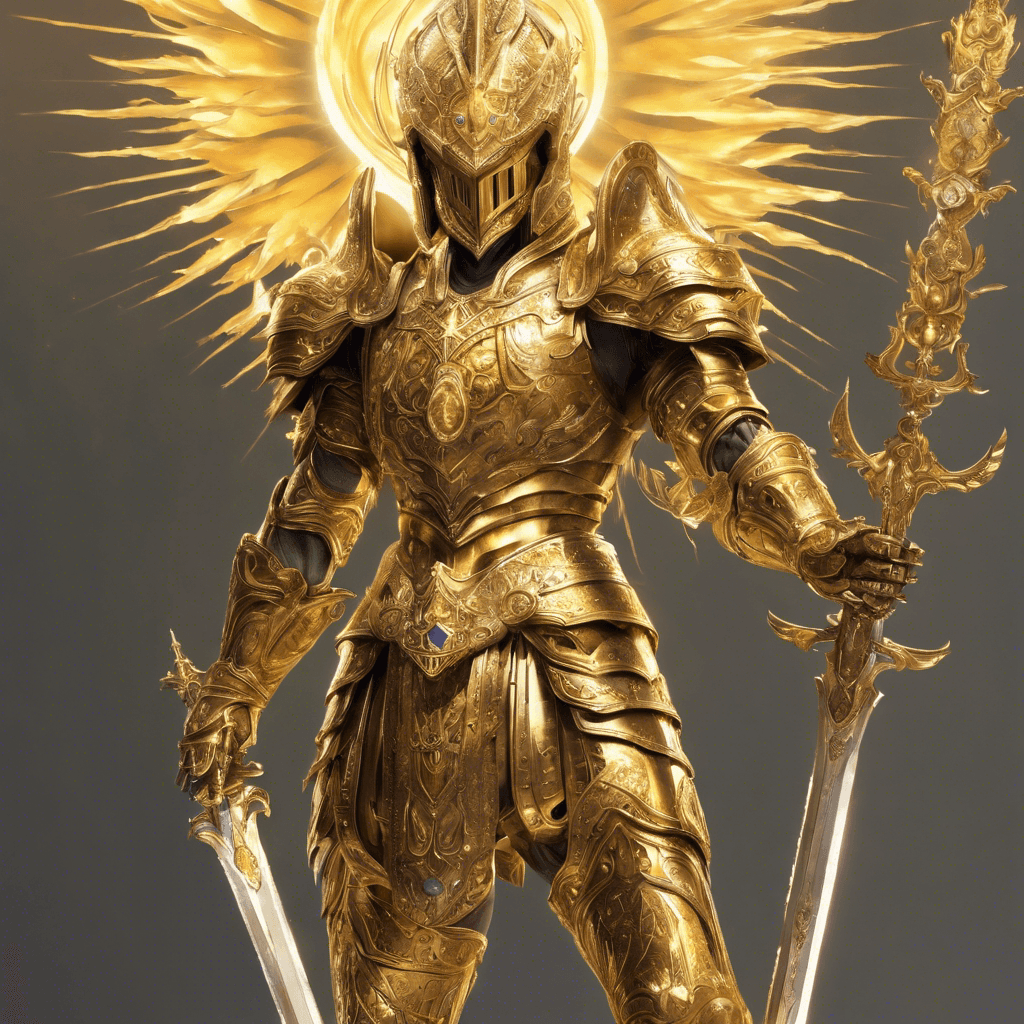 A towering figure clad in glimmering golden armor that reflects the sunlight, causing their form to almost blend with the rays. The armor is ornate, with sun motifs, and the helm has a crest shaped like sun rays. In their hand is a shimmering sword that pulses with a light of its own.