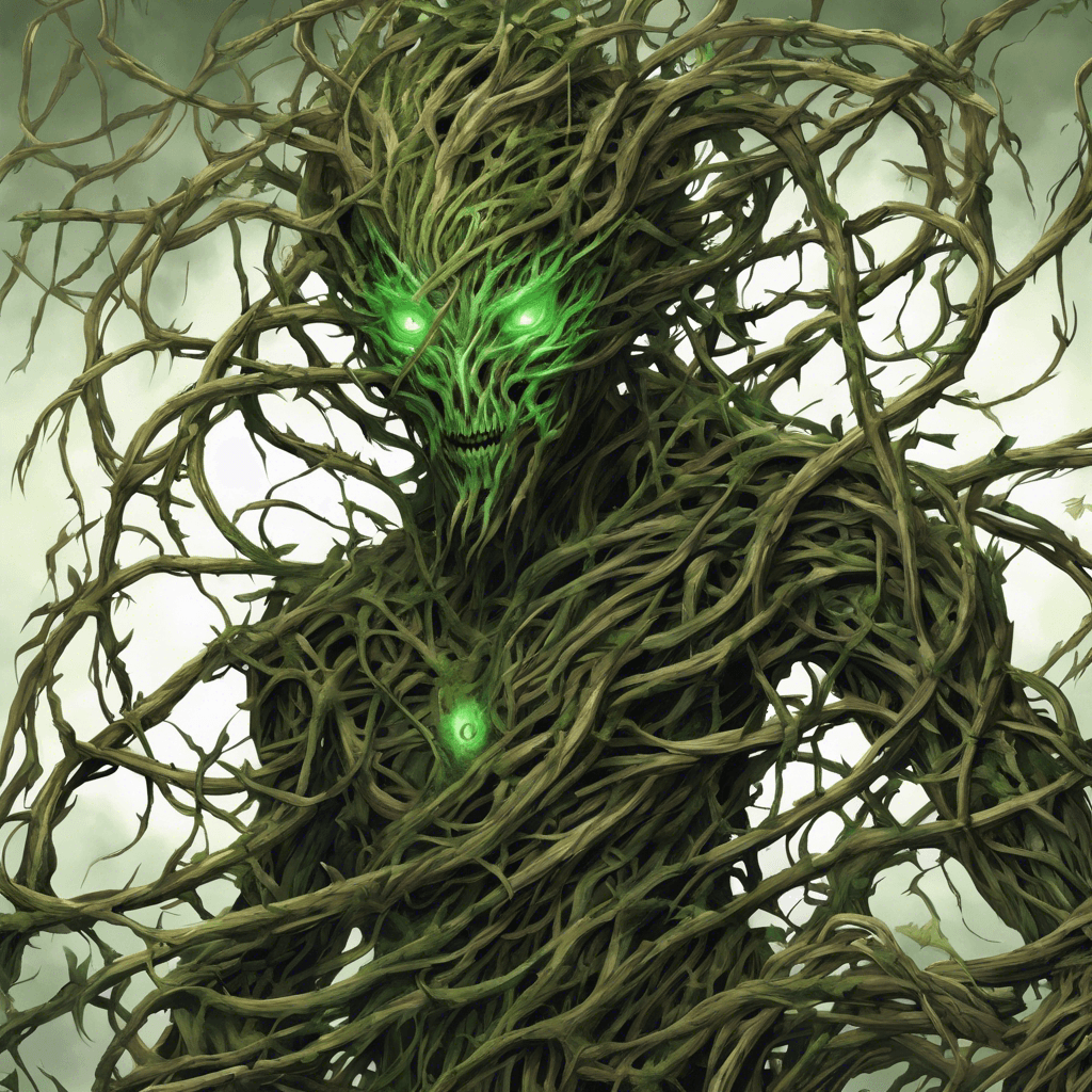 A humanoid figure entirely composed of twisted vines and sharp thorns, with glowing green eyes peering out from a tangle of briar.