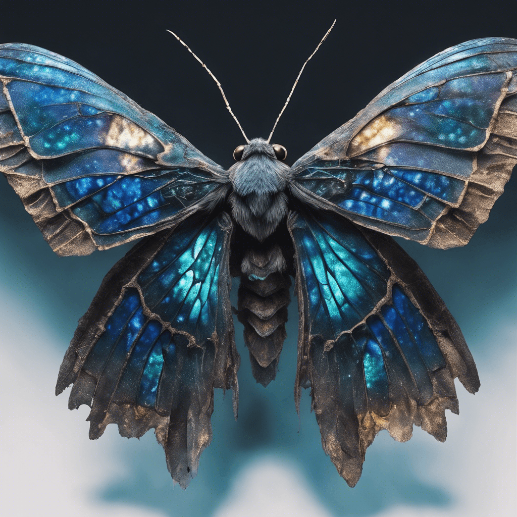 A massive moth with shadowy, tattered wings that absorb the light around them. Its eyes glow with a haunting blue luminescence, and its body is covered in iridescent scales that leave a faintly glowing dust in its wake.