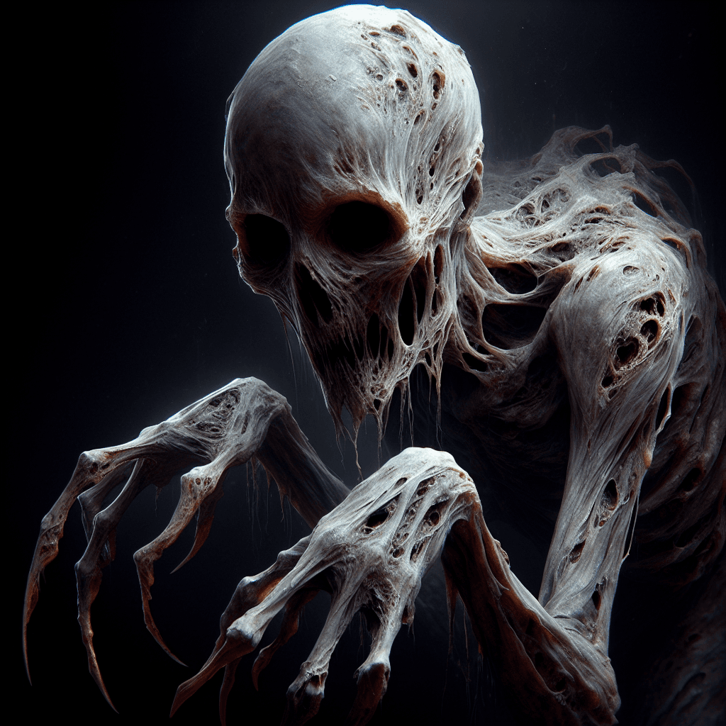 A hunched, ghastly figure with pallid, decaying skin, and glowing, sunken eyes. Its elongated, bony fingers end in sharp, filthy claws and its movements are accompanied by the sound of cracking bones.