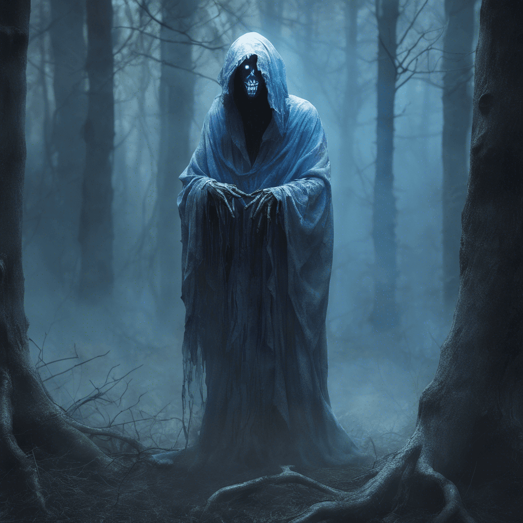 A ghostly figure clad in tattered robes, with empty eye sockets emitting a chilling blue light. Its haunting whispers echo through the mist-shrouded forest, sending shivers down your spine.