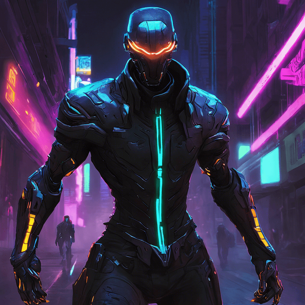 The Shadow Runner is a sleek figure clad in dark, form-fitting cybernetic armor that seems to blend seamlessly with the shadows of the neon-soaked city. Its glowing eyes pierce the darkness, and the faint hum of its cybernetic enhancements signals danger. The Shadow Runner moves with uncanny speed and precision, a ghost in the machine.