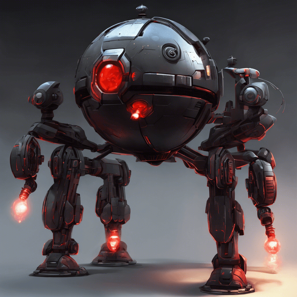 A hovering spherical droid, its body made of dark and reflective metal alloy with pulsating red lights. Armed with a visible arsenal of retractable blasters and energy weapons, it moves with ominous precision and deadly intent.