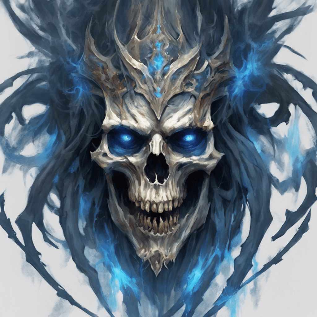 A menacing Revenant with tattered royal garments, its skeletal face twisted in eternal rage, with ethereal blue flames flickering in its eye sockets.