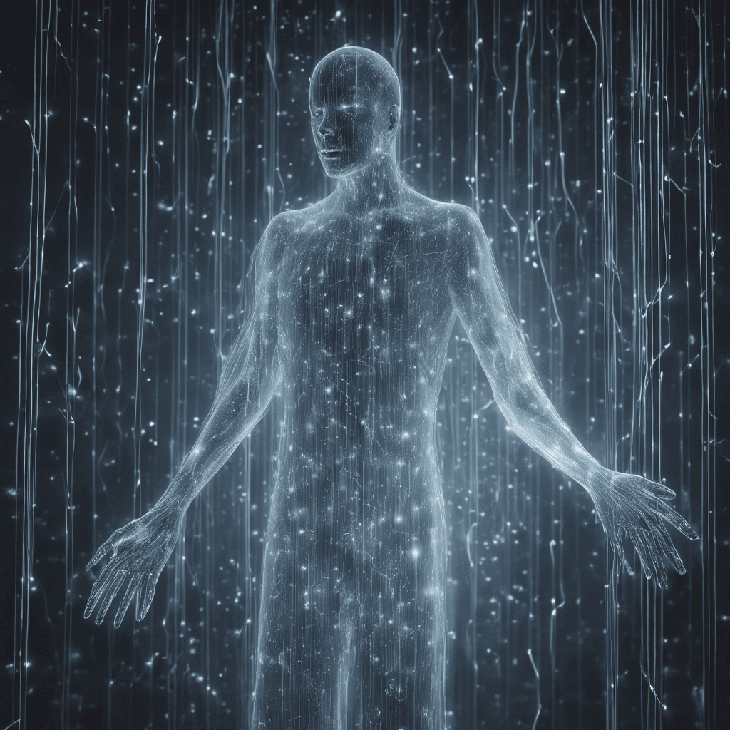 A ghostly figure shrouded in cascading data streams, flickering in and out of visibility. Its limbs are elongated, fingers tipped with sparking wires that thirst for connectivity. Eyes are glowing cores of pure data.