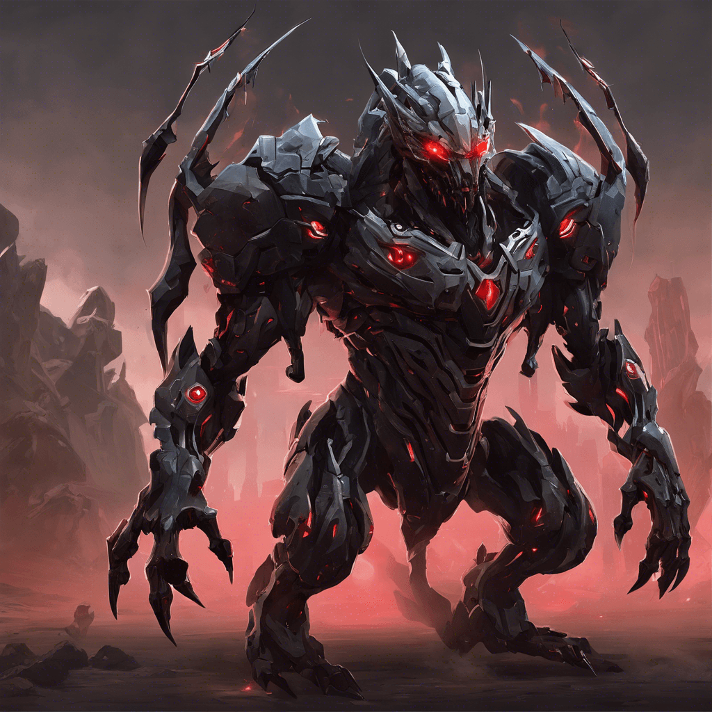 A towering cyborg creature with glistening obsidian plating and countless sharp-edged limbs designed for swift and deadly combat. It has glowing red eyes and moves with a jerky, menacing grace.