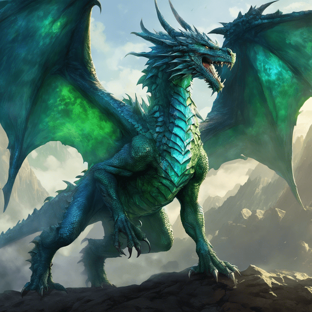 A colossal dragon with scales that shimmer with a sickly green hue, its eyes ablaze with ethereal blue fire. Enormous wings, ragged and torn at the edges, bear the scars of countless battles.