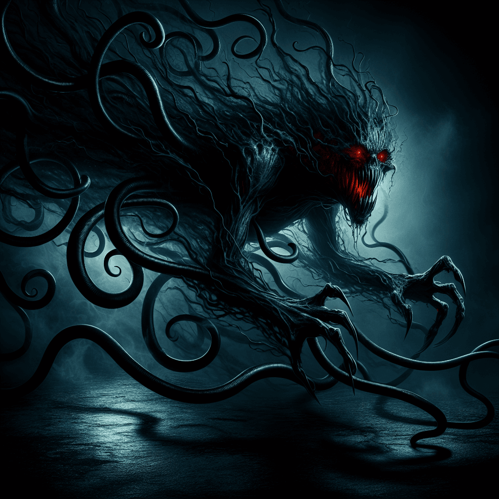 A fiendish apparition with tendrils of darkness, emitting a low growl, its eyes glowing red, pouncing from the shadows.