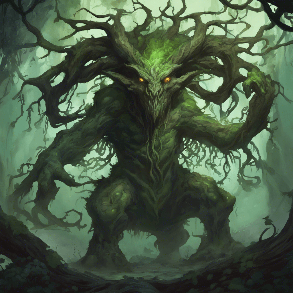 A towering monster with thick, gnarled skin like the bark of ancient trees. Its eyes are deep hollows glowing with a faint green light, and twisted horns erupt from its head, entwined with vines.