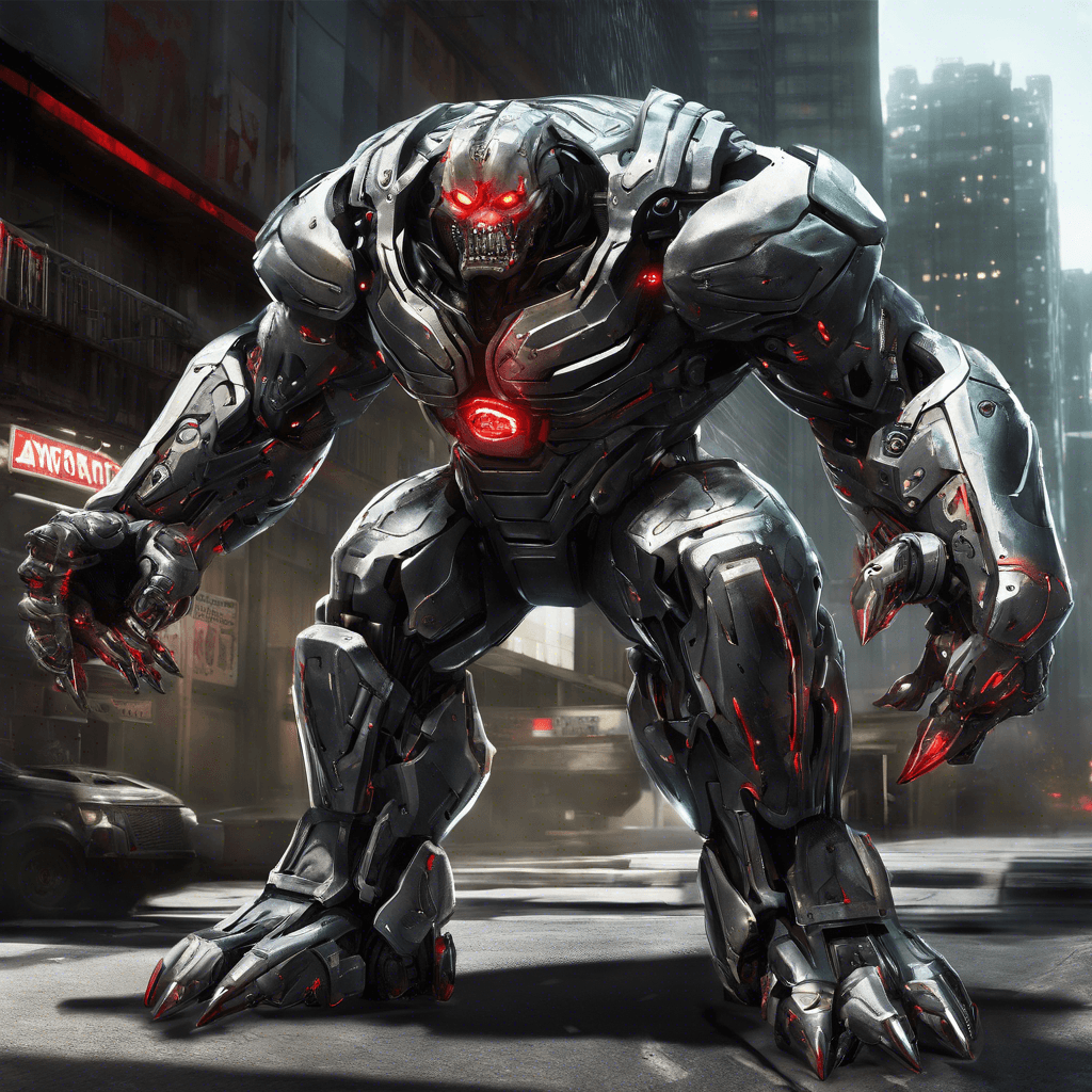 The Cybernetic Enforcer is a hulking humanoid figure, augmented with advanced cybernetic enhancements. Its body is covered in sleek, metallic plating, with glowing red eyes piercing through the darkness. Its arms end in sharp, retractable blades, ready to strike with deadly precision. This relentless enemy is programmed for one thing: to eliminate any intruders at all costs.