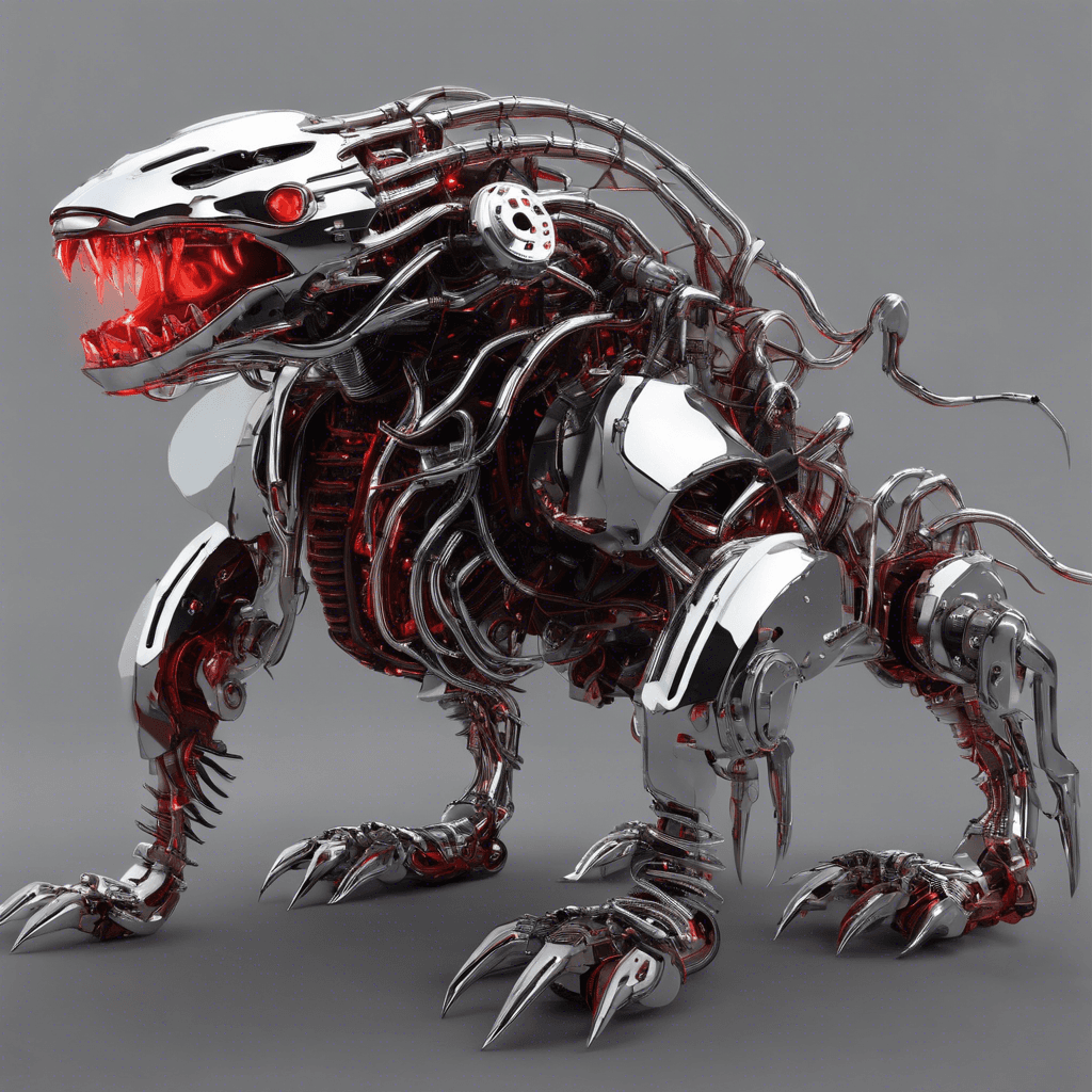 This mechanical beast has a sleek, chrome body with wires and conduits snaking across its form. Its eyes glow with a menacing red light, and its metal teeth shine with a predatory gleam.